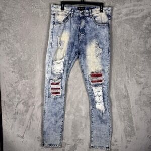 Waimea‎ Jeans Mens 34x32 Light Wash Skinny Fit Distressed Ripped Red Patch
